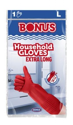 Gumikesztyű, háztartási, latex, extra hosszú, 38 cm, L méret, BONUS, piros