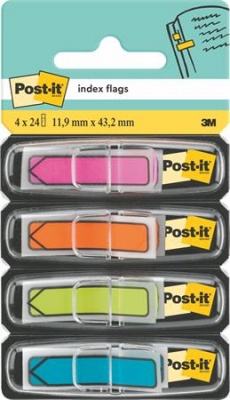 Jelölőcímke, műanyag, 4x24 lap, 11,9x43,2 mm, nyíl, 3M POSTIT, vegyes