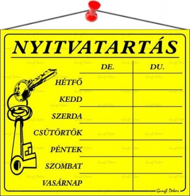 Információs tábla, 20x17,5 cm, "Nyitvatartás", sárga