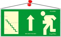 Információs tábla, 25x11,5 cm, fluoreszkáló, utánvilágítós, "Menekülési irány fel, lépcső balra"